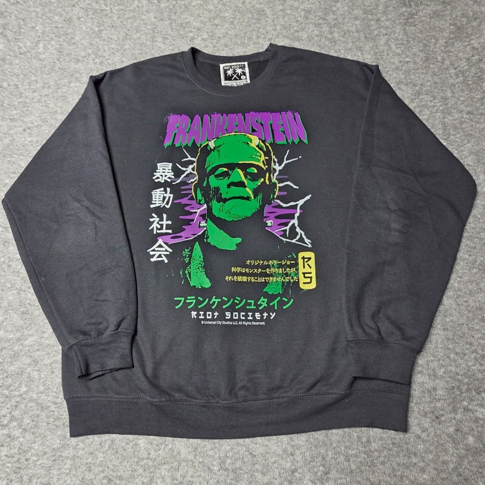 Frankenstein Sweatshirt Mens L Riot Society Kanji Graphic Crewneck Black Neon